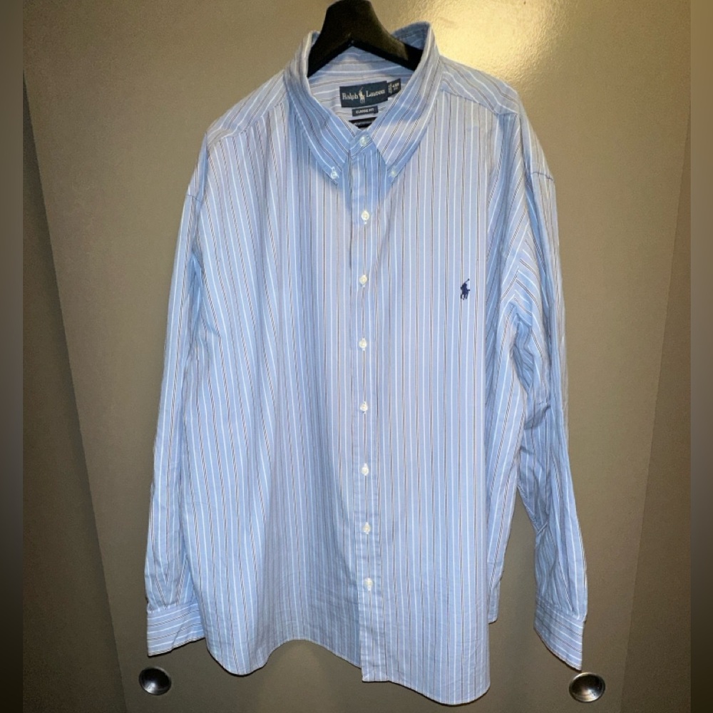 Ralph Lauren blue white striped button up shirt